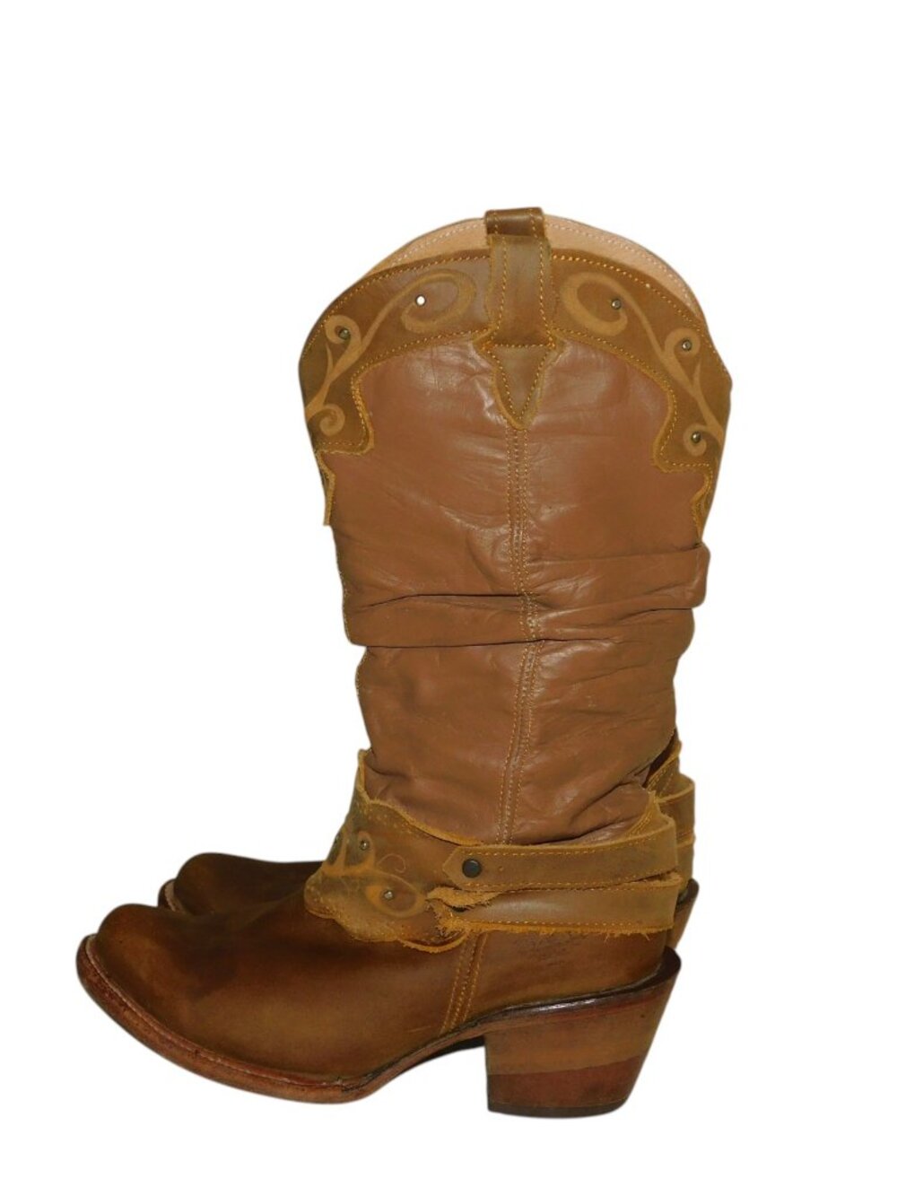 Brown Leather Slouch Western Boots With Decorative Harness Straps Made In Mexico - Picture 6 of 13